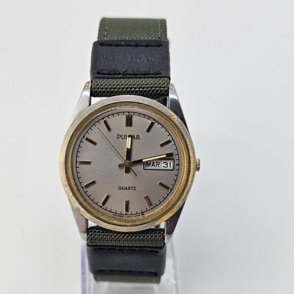 VTG Pulsar Men's Watch 35MM Gray Dial Day Date New Canvas Bands New Battery - Picture 1 of 16